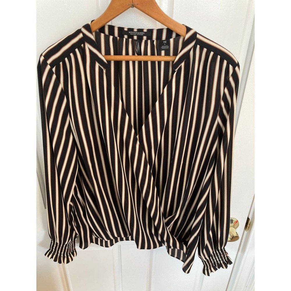 Scotch & Soda Vertical Lines Blouse, Black, Cream, Caramel, Large, Wrap, Blouson